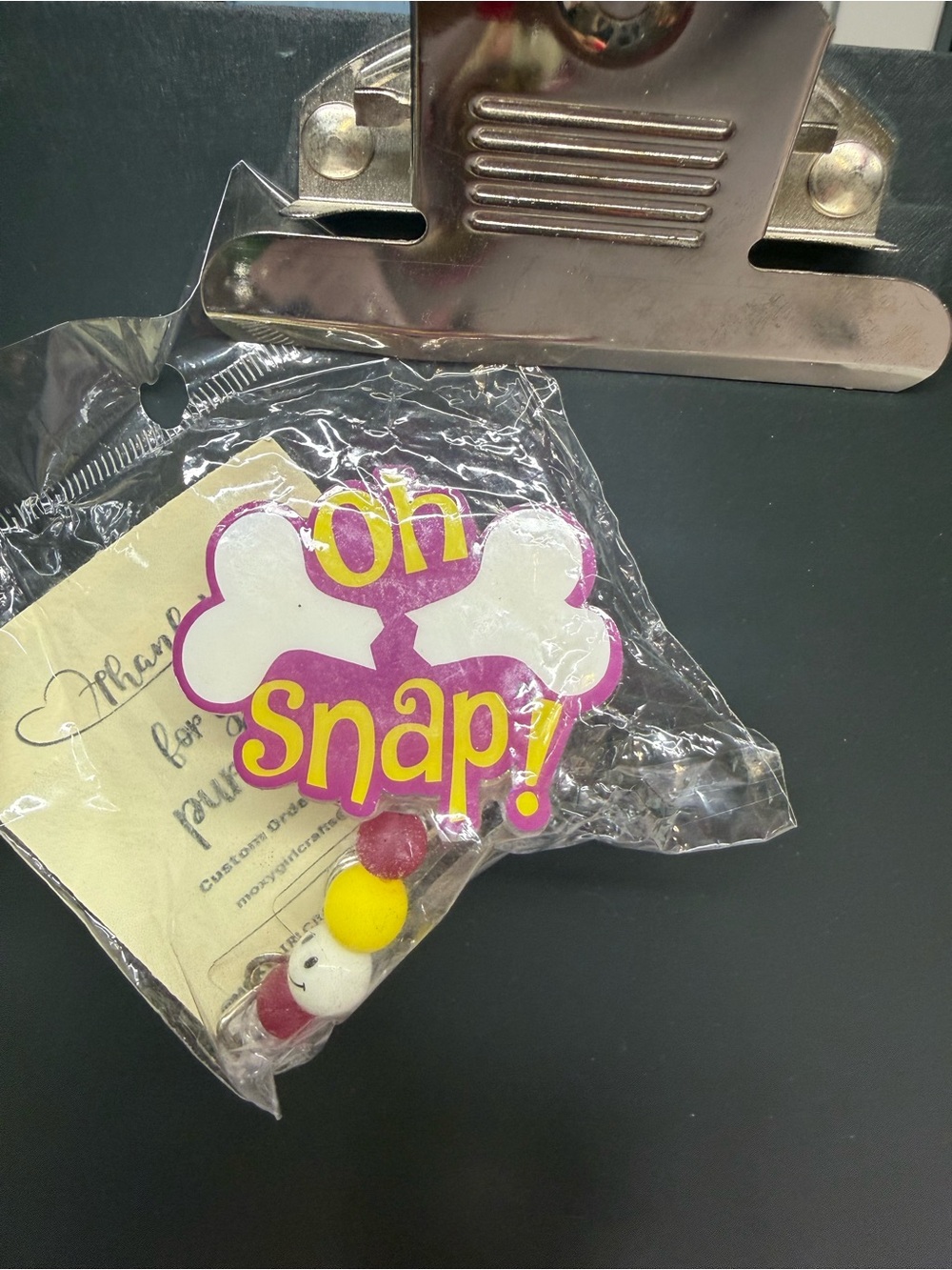 Snap 'Oh Snap!' Pink and Yellow bone badge reel